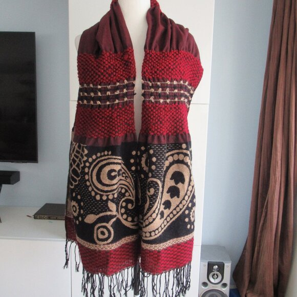 CHICO'S WOOL TYPE LARGE SHAWL WRAP SCARF  w/  Fringes 74" X 17" Burgundy, Black - Picture 1 of 9